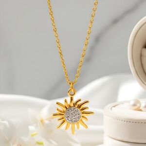 🆕️Dainty Sunburst Pendant 18K Gold Plated Stainless Steel CZ Celestial Necklace